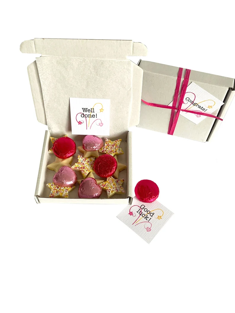 Tiny treats! Little pink box of chocolate hearts. Ideal pick me up/Anniversary gift etc. Personalisable. VARIOUS sizes.