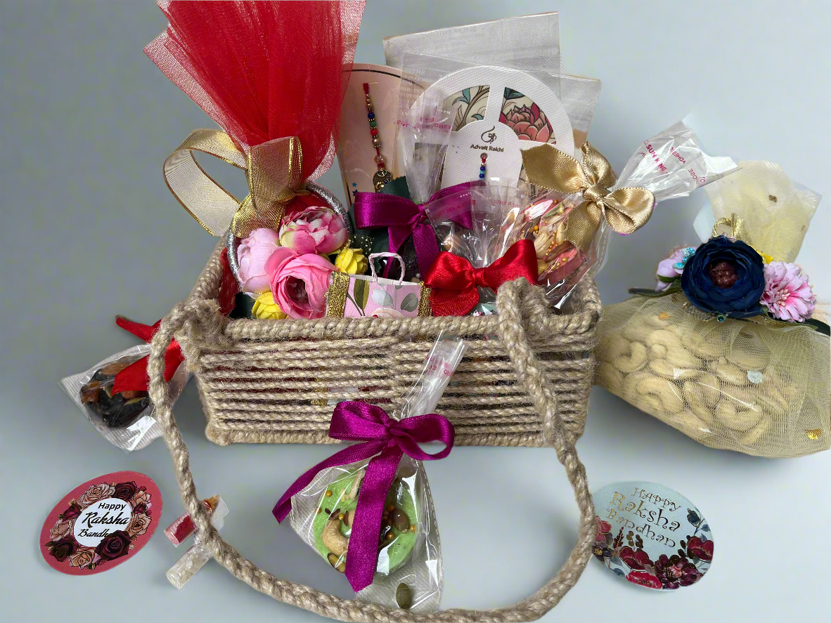 Customised Rakhi chocolate jute hamper with Rakhi + Roli