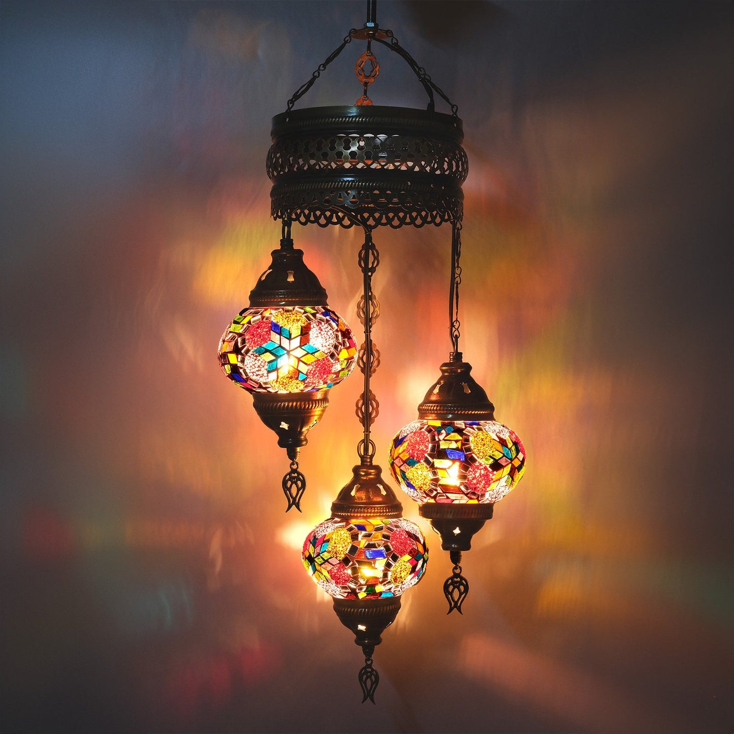Turkish Chandeliers, Turkish Ceiling Lamp, 3 Globe Mosaic Hanging Lamp, Moroccan Pendant Lighting, Turkish Lighting, 160 inch Extra Chain