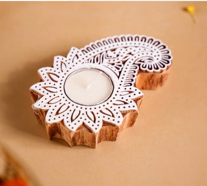 Wooden Floral Paisley Decorative Candle Holder Set Of 2