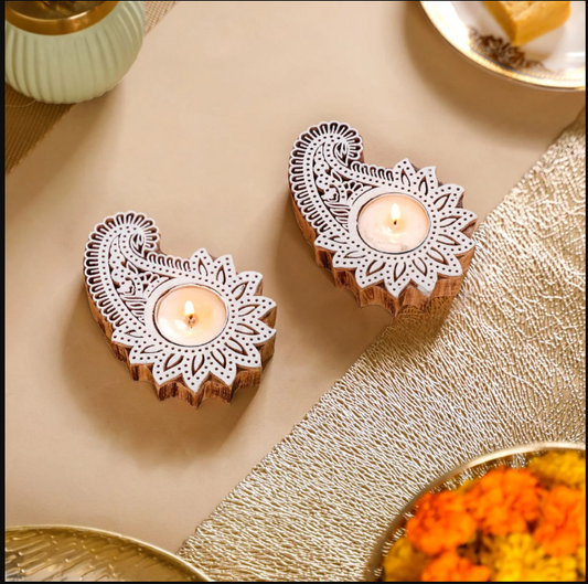 Wooden Floral Paisley Decorative Candle Holder Set Of 2