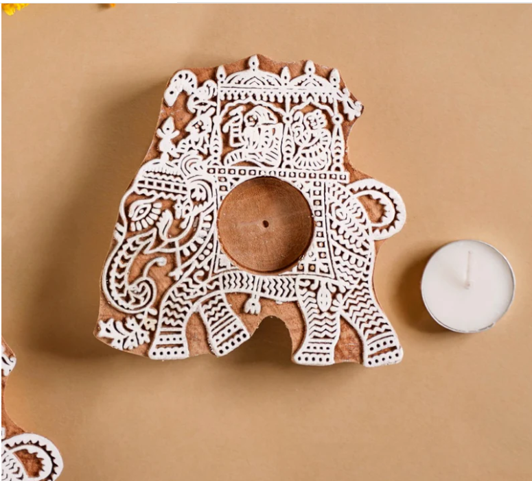 Wooden Elephant Decorative Candle Holder Set Of 2