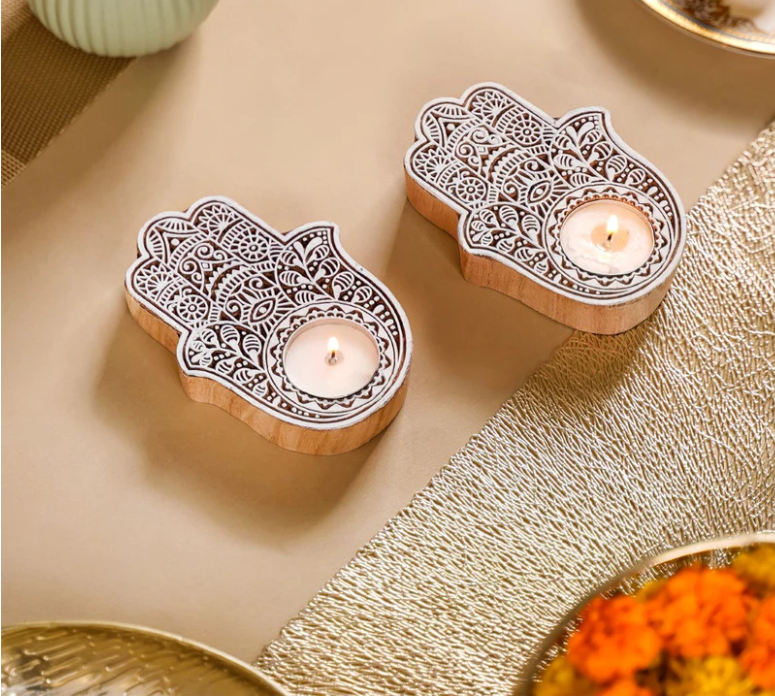 Wooden Hamsa Hand Decorative Candle Holder Set Of 2