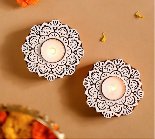 Wooden Floral Mandala Decorative Candle Holder Set Of 2
