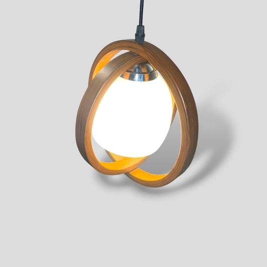 This modern, fashionable pendant hanging light features a double wooden ring and white lampshade. It is designed to hang from a circular ceiling and uses an E27 bulb (not included).