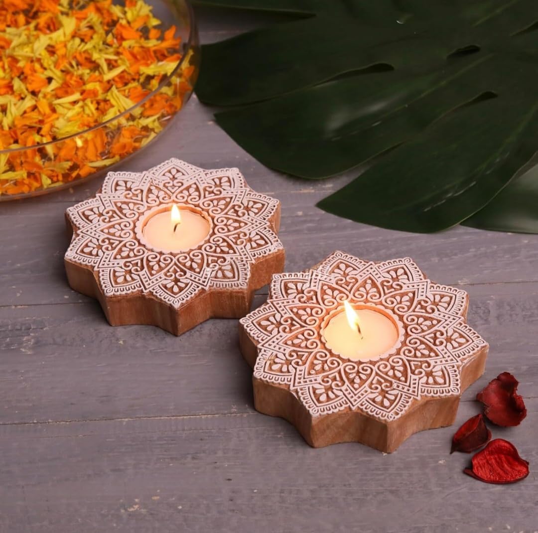 Wooden Flower Decorative Candle Holder Set Of 2