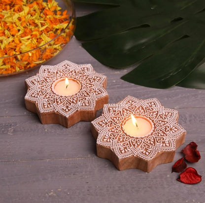 Wooden Flower Decorative Candle Holder Set Of 2