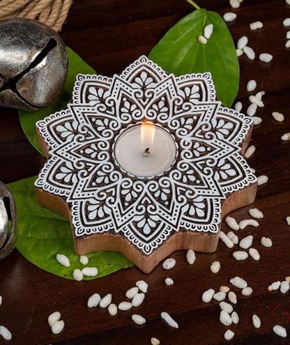 Wooden Flower Decorative Candle Holder Set Of 2