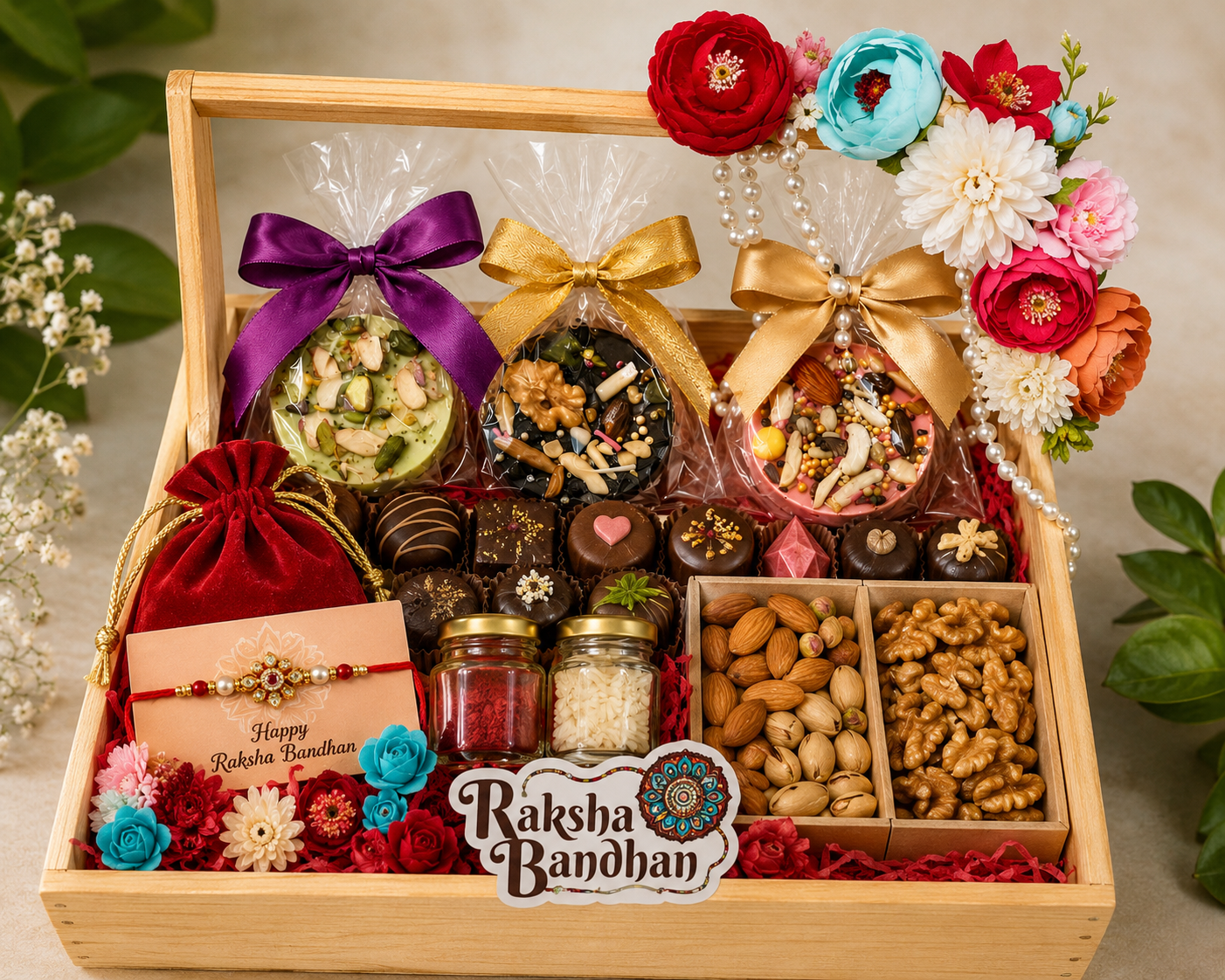 Rakhi hand chocolate hamper in wooden box