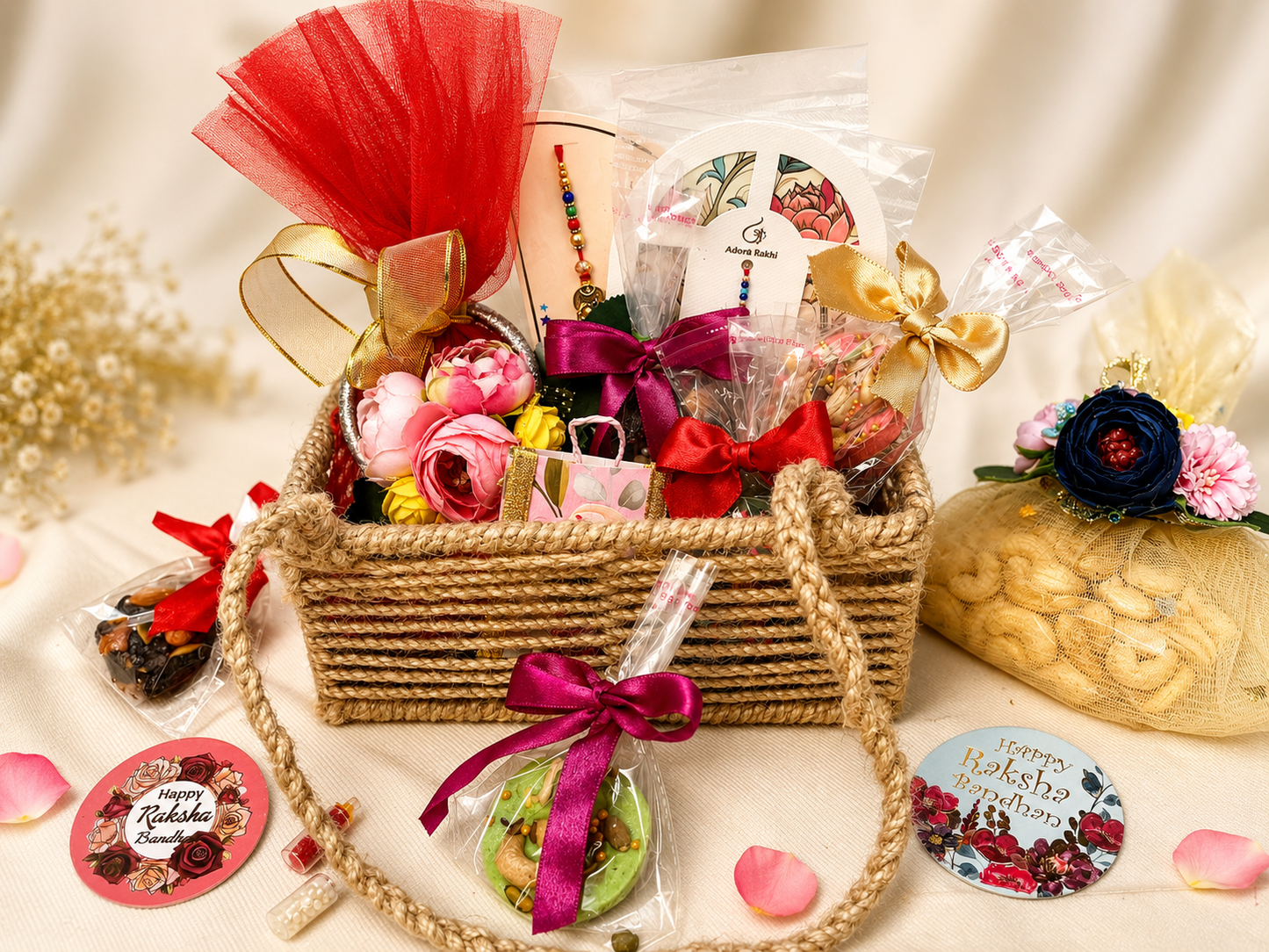 Customised Rakhi chocolate jute hamper with Rakhi + Roli