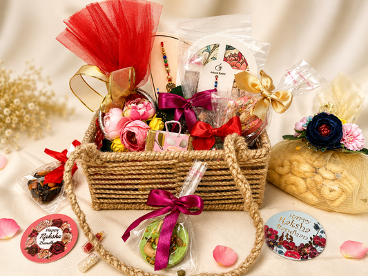 Customised Rakhi chocolate jute hamper with Rakhi + Roli