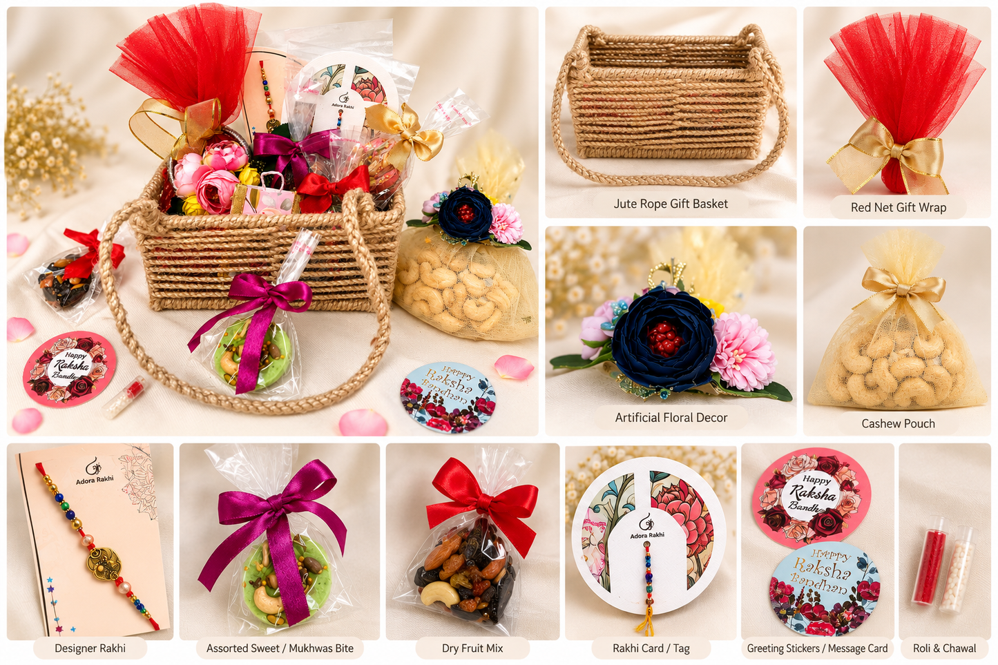 Customised Rakhi chocolate jute hamper with Rakhi + Roli