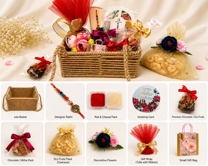 Customised Rakhi chocolate jute hamper with Rakhi + Roli