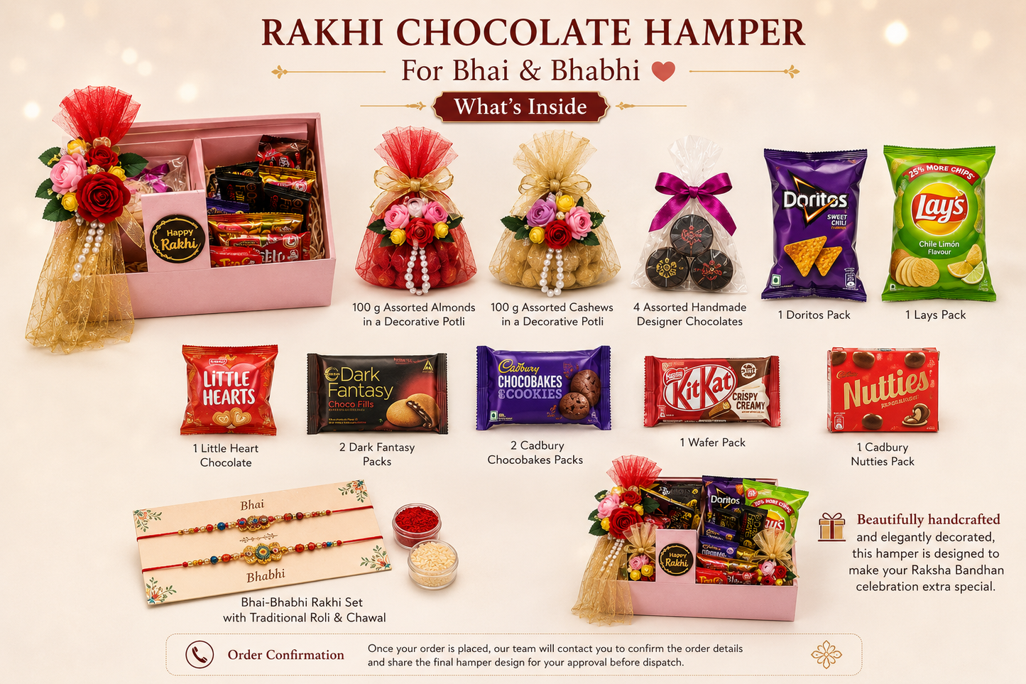 Customised Rakhi chocolate hamper with bhai bhabhi rakhi and roli chawal