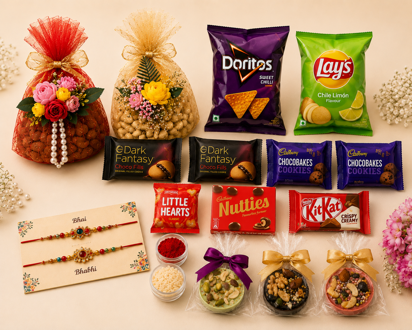 Customised Rakhi chocolate hamper with bhai bhabhi rakhi and roli chawal