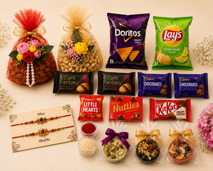 Customised Rakhi chocolate hamper with bhai bhabhi rakhi and roli chawal