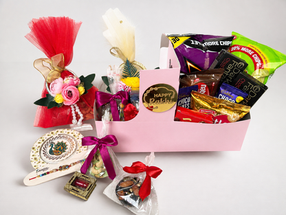 Customised Rakhi chocolate hamper with bhai bhabhi rakhi and roli chawal