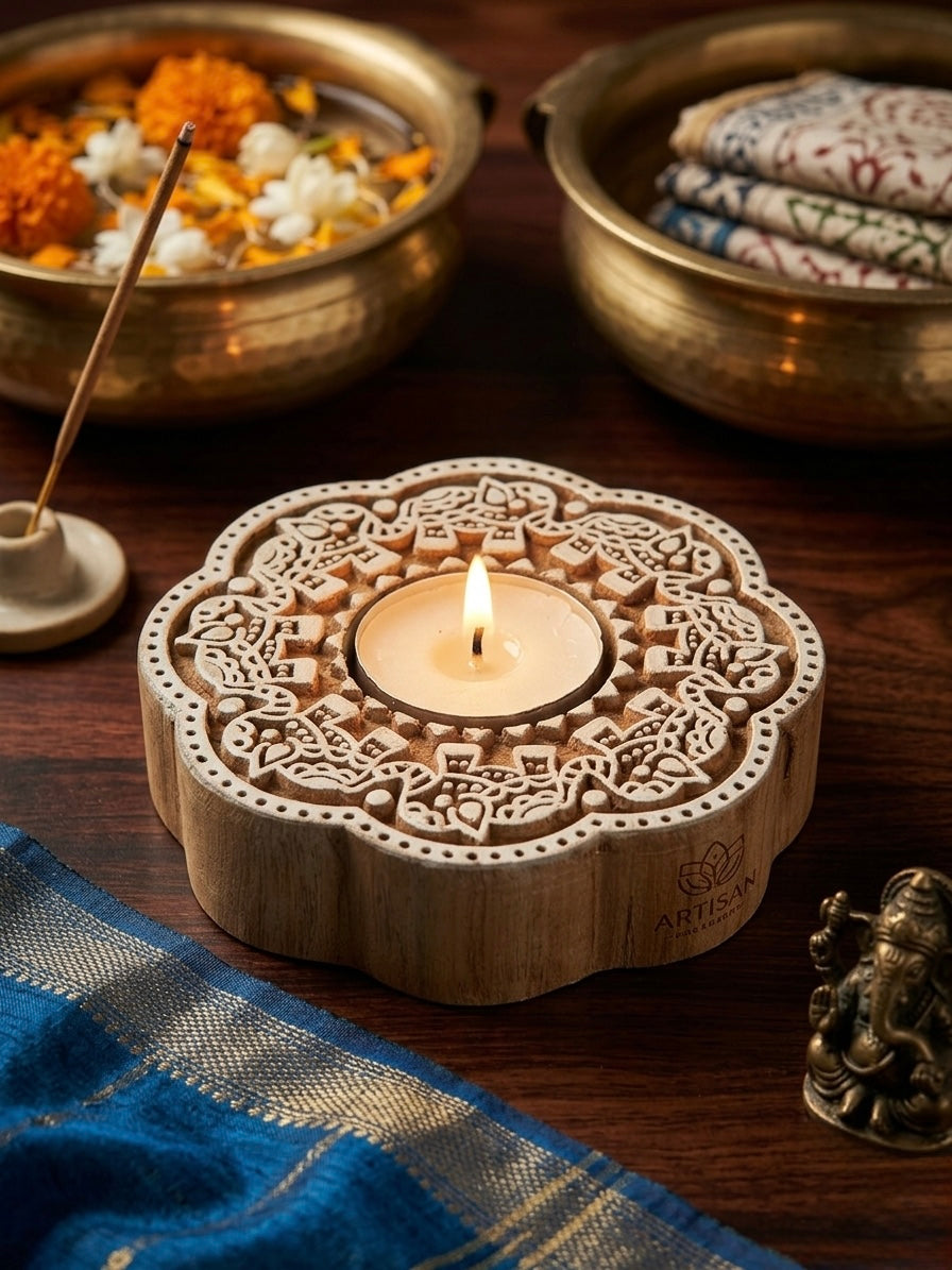 Wooden Elephant Round Decorative Candle Holder Set Of 2