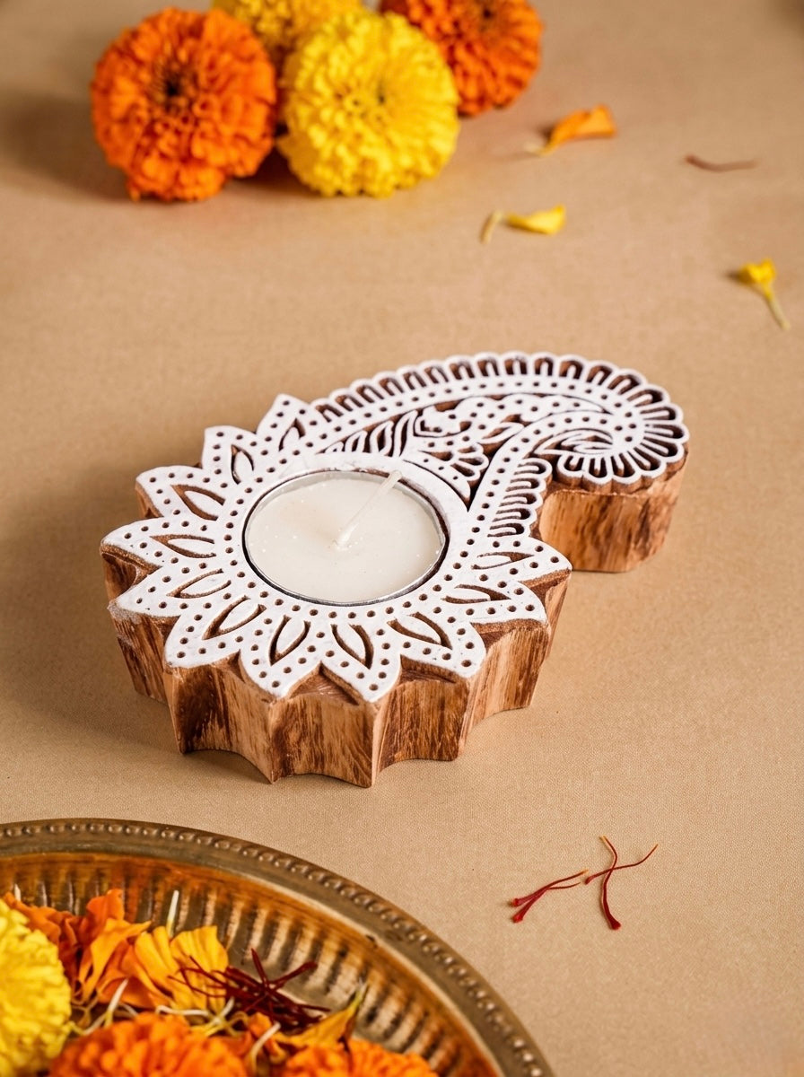 Wooden Floral Paisley Decorative Candle Holder Set Of 2