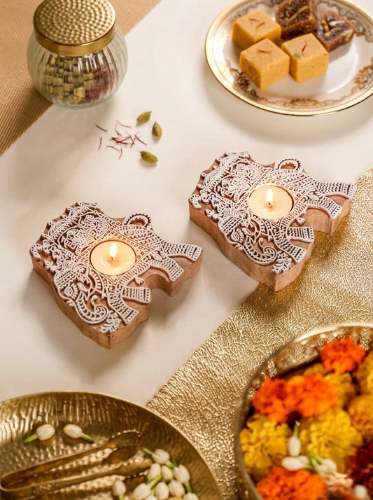 Wooden Elephant Decorative Candle Holder Set Of 2