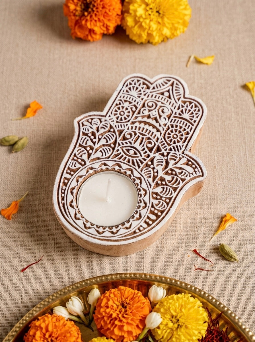 Wooden Hamsa Hand Decorative Candle Holder Set Of 2