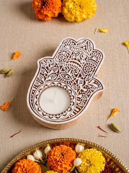 Wooden Hamsa Hand Decorative Candle Holder Set Of 2