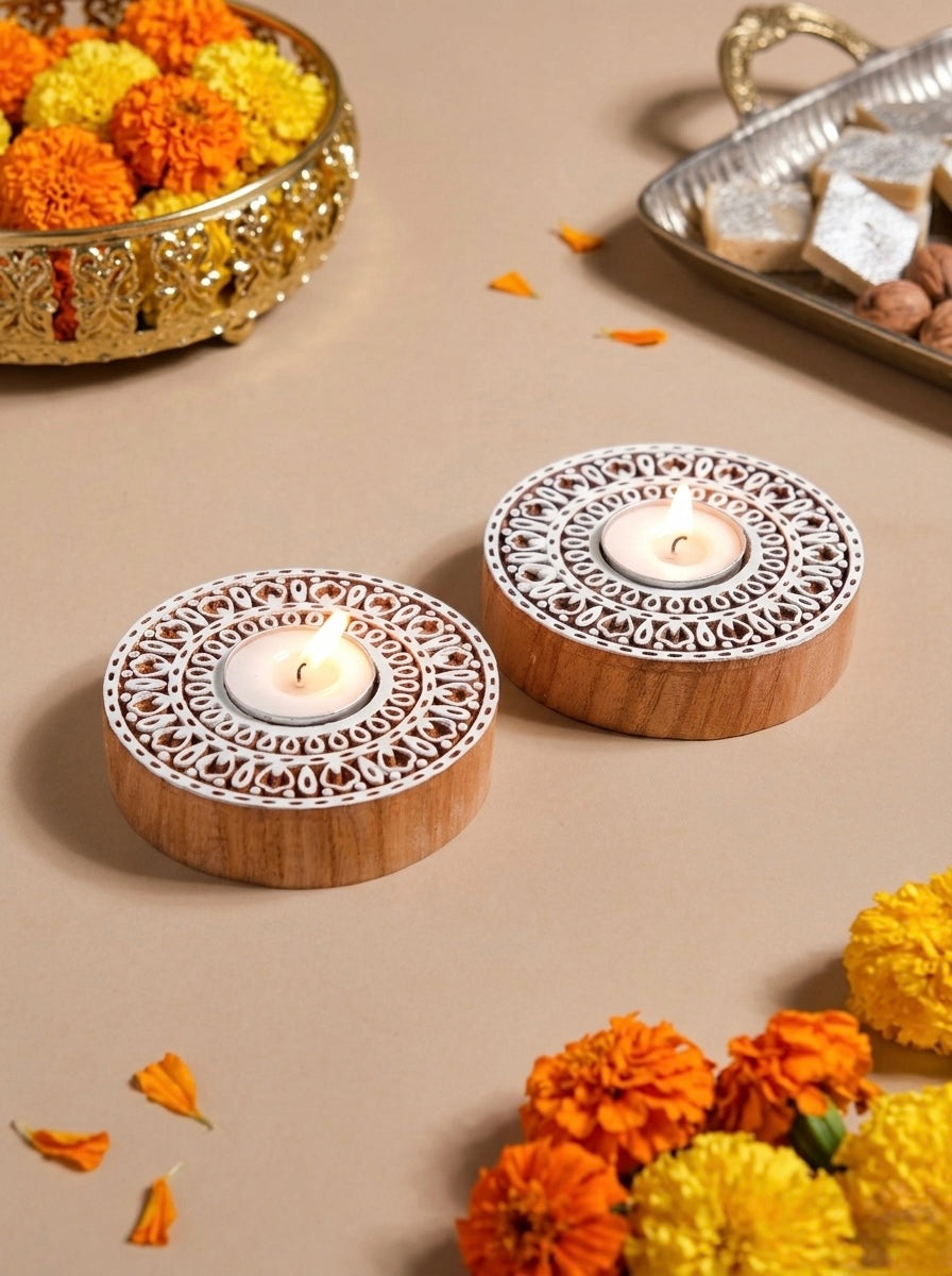 Wooden Floral Mandala block Decorative Candle Holder Set Of 2
