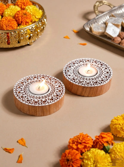 Wooden Floral Mandala block Decorative Candle Holder Set Of 2