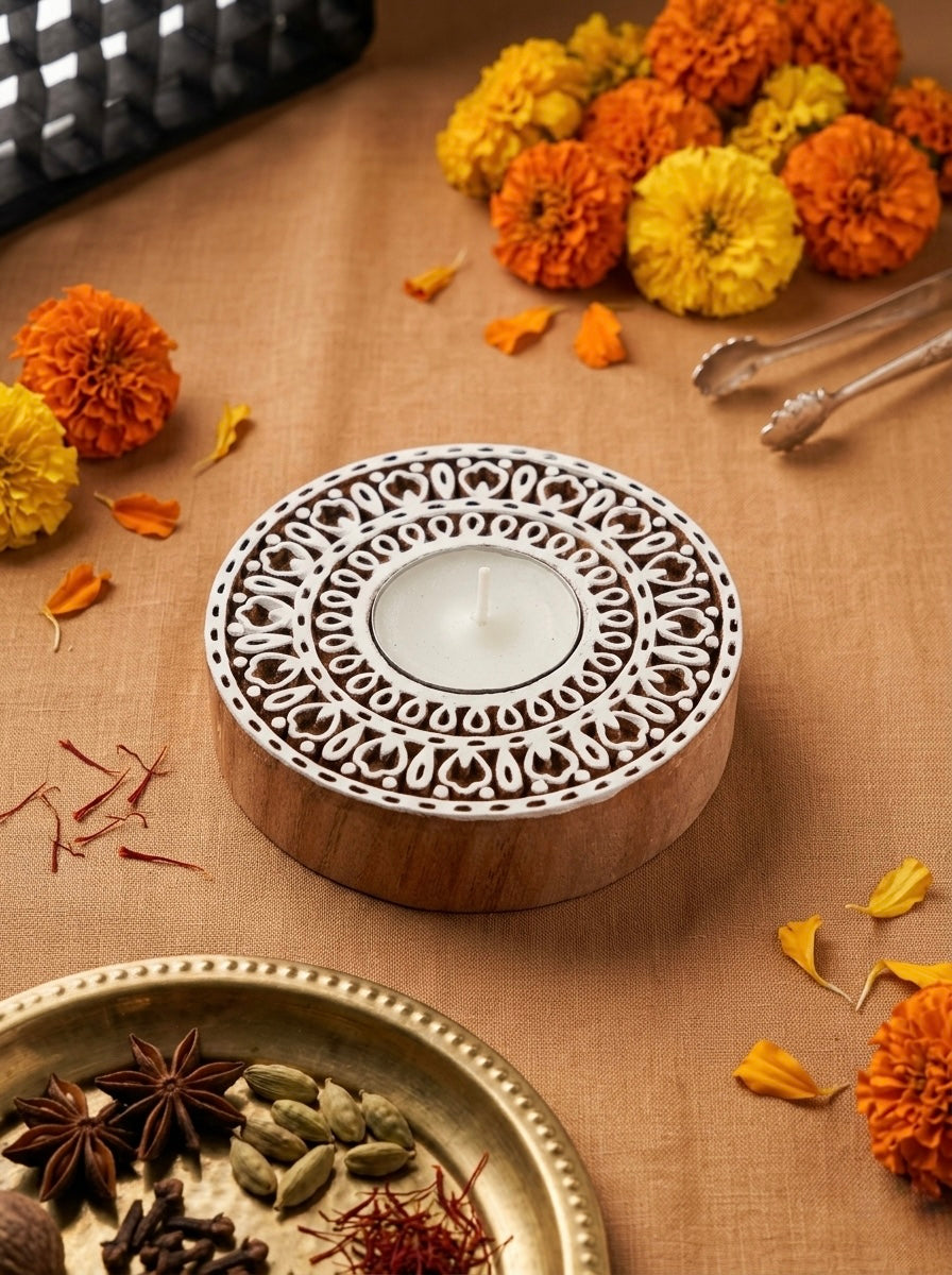 Wooden Floral Mandala block Decorative Candle Holder Set Of 2