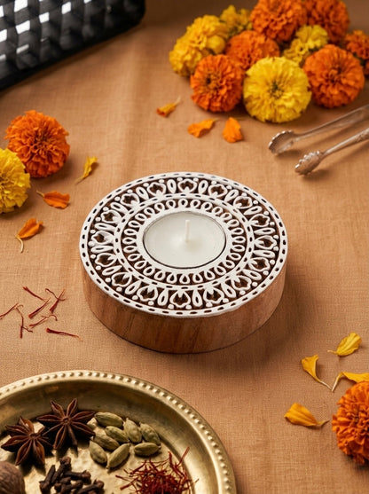 Wooden Floral Mandala block Decorative Candle Holder Set Of 2