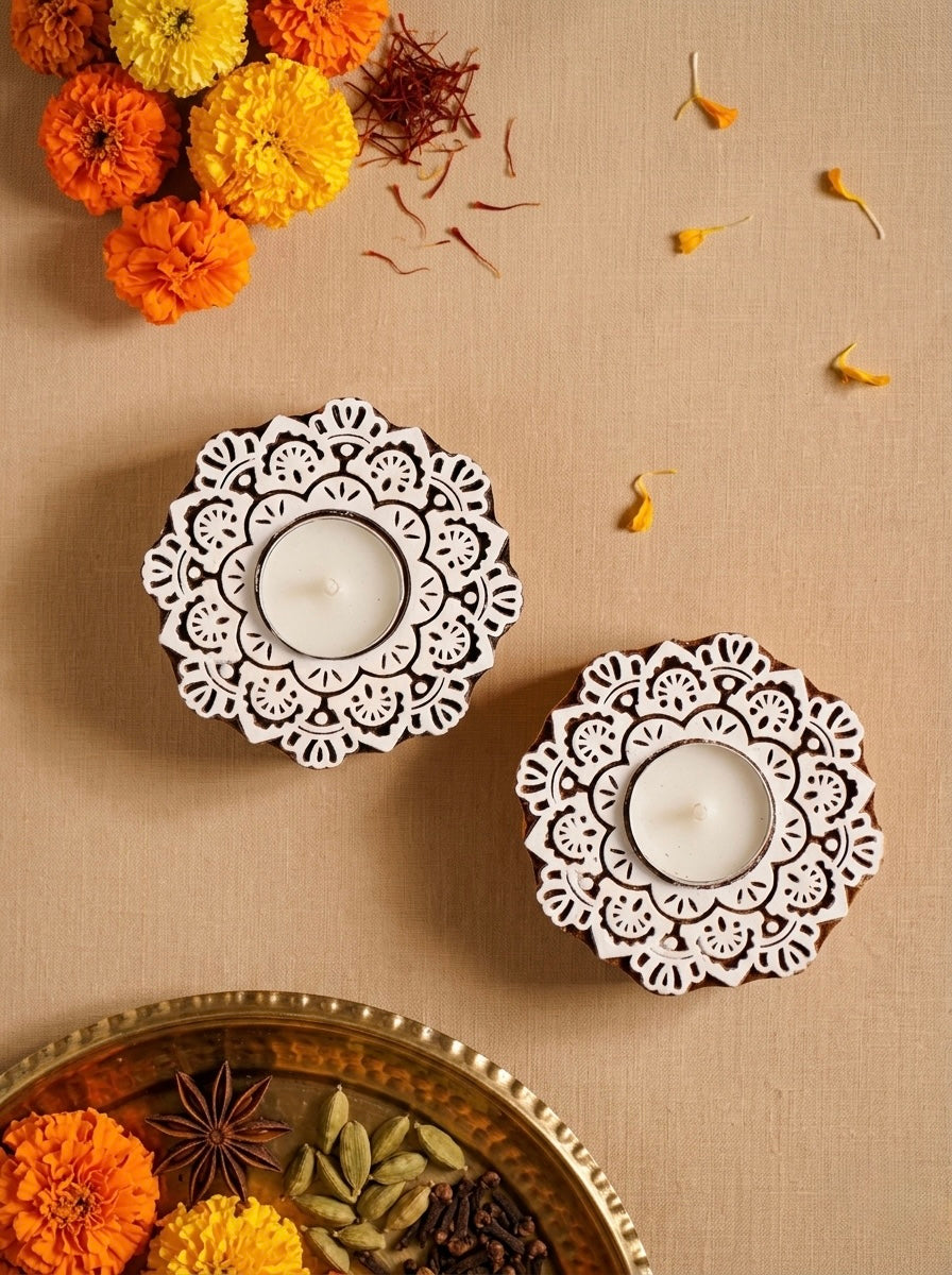 Wooden Floral Mandala Decorative Candle Holder Set Of 2