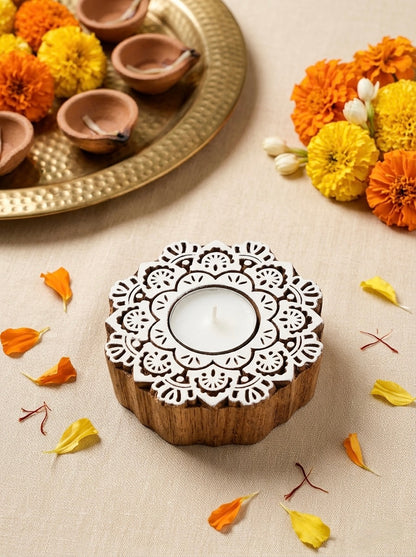 Wooden Floral Mandala Decorative Candle Holder Set Of 2