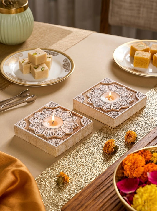 Wooden Square Block Decorative Candle Holder Set Of 2