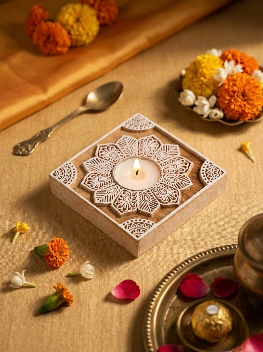 Wooden Square Block Decorative Candle Holder Set Of 2