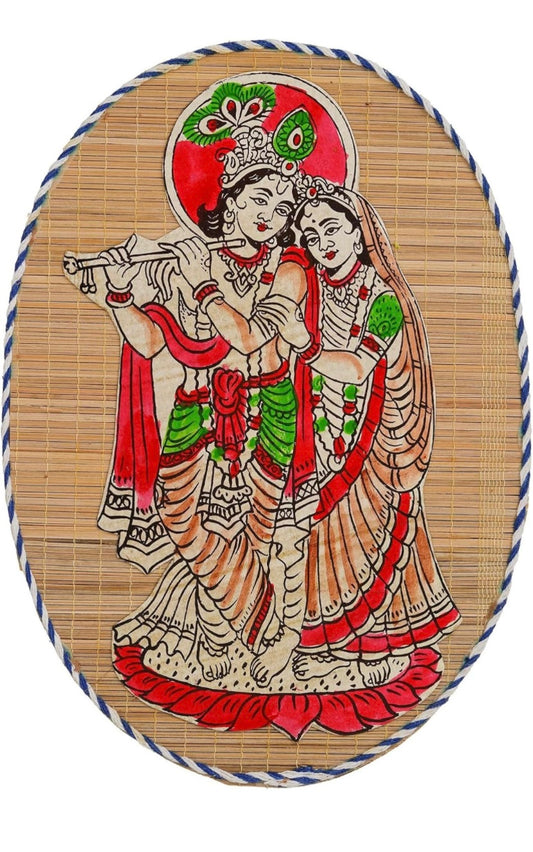 Oval-Shape Pattern Handmade wall hangings made of bamboo featuring Krishna Ji and Radha Ji for interior design | Bamboo wall art