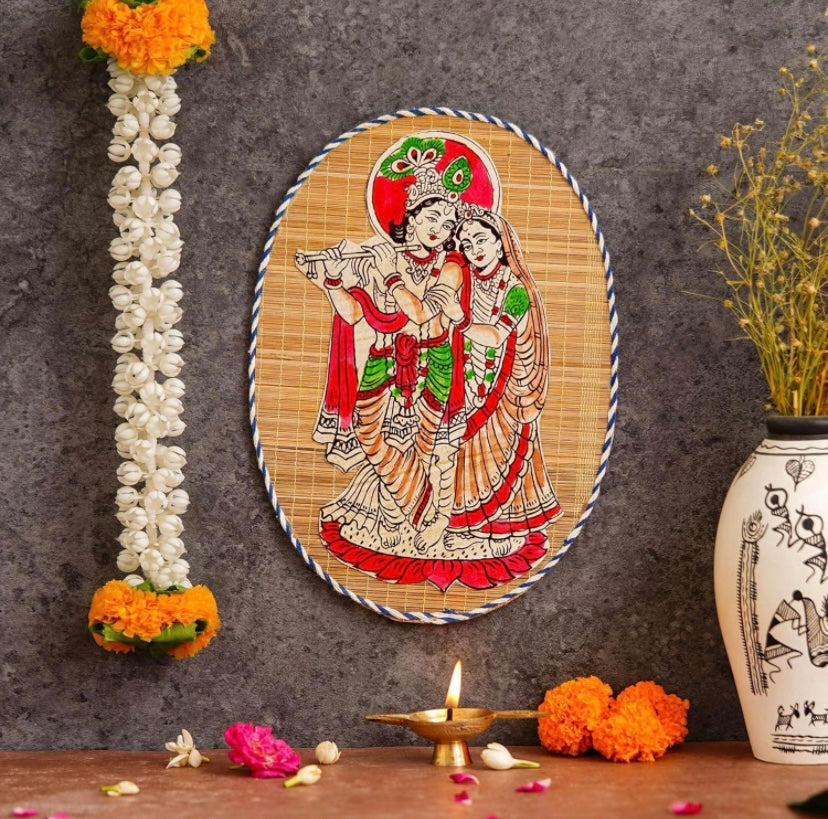 Oval-Shape Pattern Handmade wall hangings made of bamboo featuring Krishna Ji and Radha Ji for interior design | Bamboo wall art