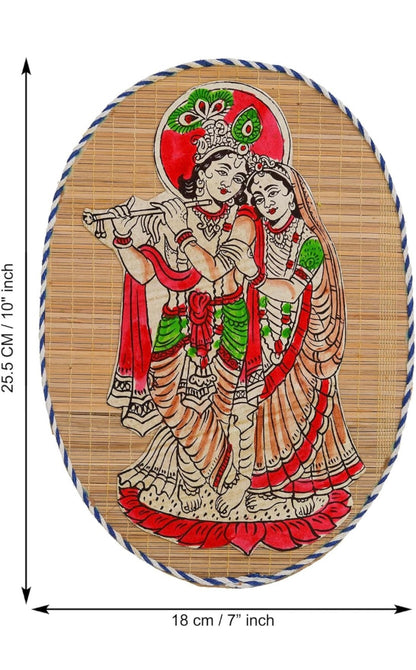 Oval-Shape Pattern Handmade wall hangings made of bamboo featuring Krishna Ji and Radha Ji for interior design | Bamboo wall art