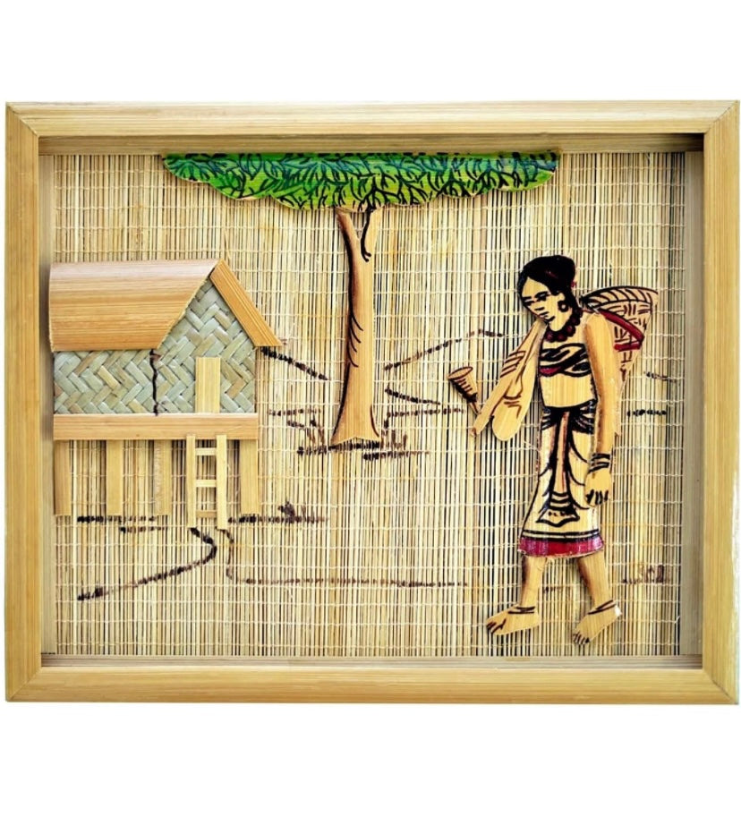 Healthy Harvest 23*21 cm (Beige) Handmade Modern Interior Wall Hangings with Bamboo Design and Tribal Lady Village Life Painting