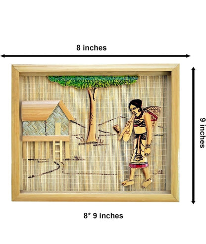 Healthy Harvest 23*21 cm (Beige) Handmade Modern Interior Wall Hangings with Bamboo Design and Tribal Lady Village Life Painting