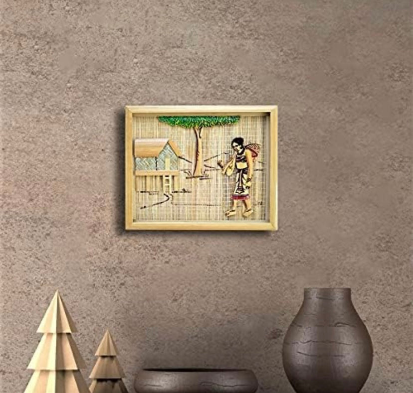 Healthy Harvest 23*21 cm (Beige) Handmade Modern Interior Wall Hangings with Bamboo Design and Tribal Lady Village Life Painting