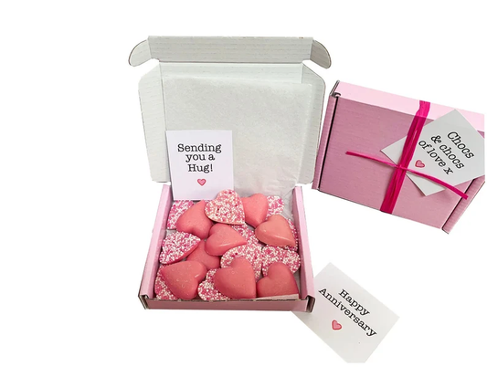 Tiny treats! Little pink box of chocolate hearts. Ideal pick me up/Anniversary gift etc. Personalisable. VARIOUS sizes.