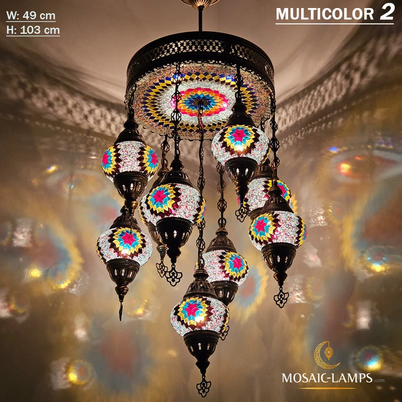 9+1 Globe Mosaic Turkish Chandeliers, Mixed Settlement Mosaic Circle Lighting Sets, Living Room Hanging Lamps, Bedroom Light, Colorful Light