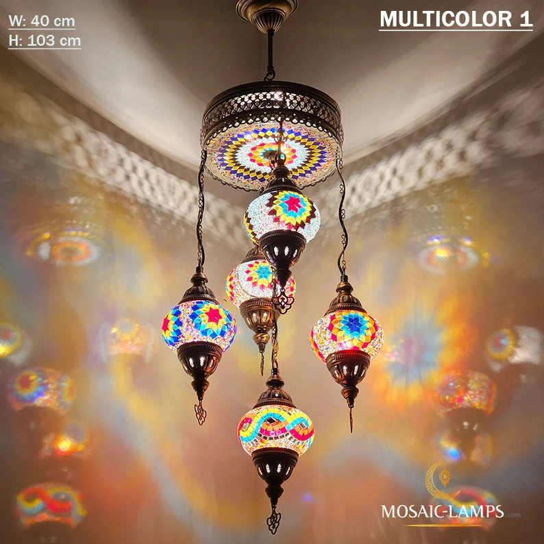 5+1 Globe Mosaic Turkish Chandeliers, Mixed Settlement Mosaic Circle Lighting Sets, Living Room Hanging Lamps, Bedroom Light, Colorful Light