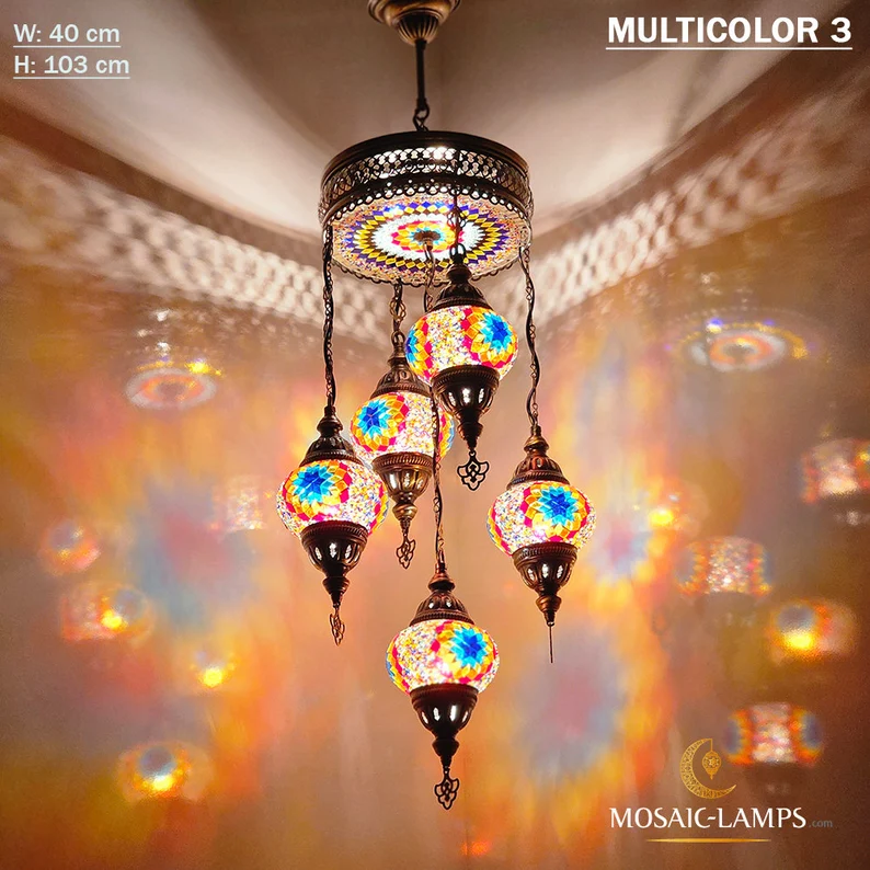 5+1 Globe Mosaic Turkish Chandeliers, Mixed Settlement Mosaic Circle Lighting Sets, Living Room Hanging Lamps, Bedroom Light, Colorful Light