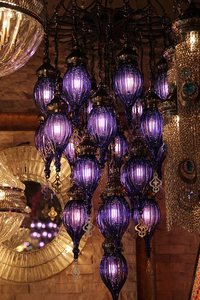 Purple Turkish Chandelier, 25 Lamps, Blown Glass Chandelier, Large Chandelier, Turkish Chandelier