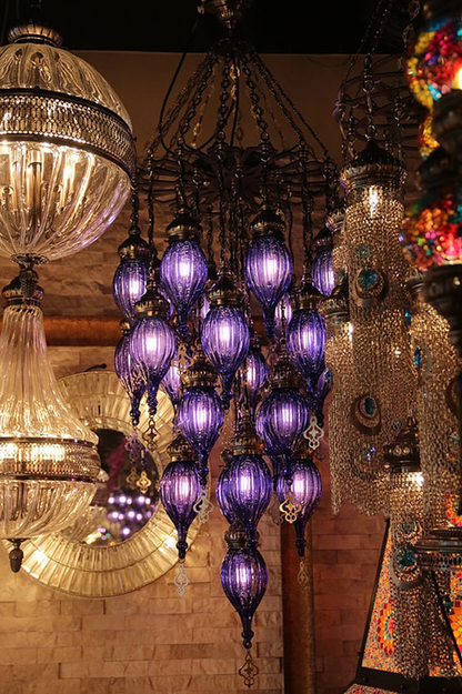 Purple Turkish Chandelier, 25 Lamps, Blown Glass Chandelier, Large Chandelier, Turkish Chandelier