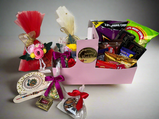 Customised Rakhi chocolate hamper with bhai bhabhi rakhi and roli chawal