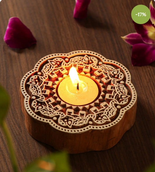 Wooden Elephant Round Decorative Candle Holder Set Of 2