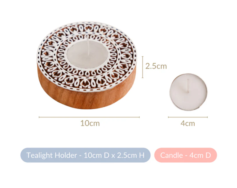 Wooden Floral Mandala block Decorative Candle Holder Set Of 2