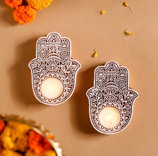 Wooden Hamsa Hand Decorative Candle Holder Set Of 2